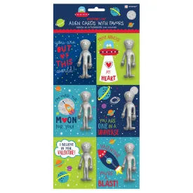 Alien Valentine Cards With Stretchy Figure 6pcs