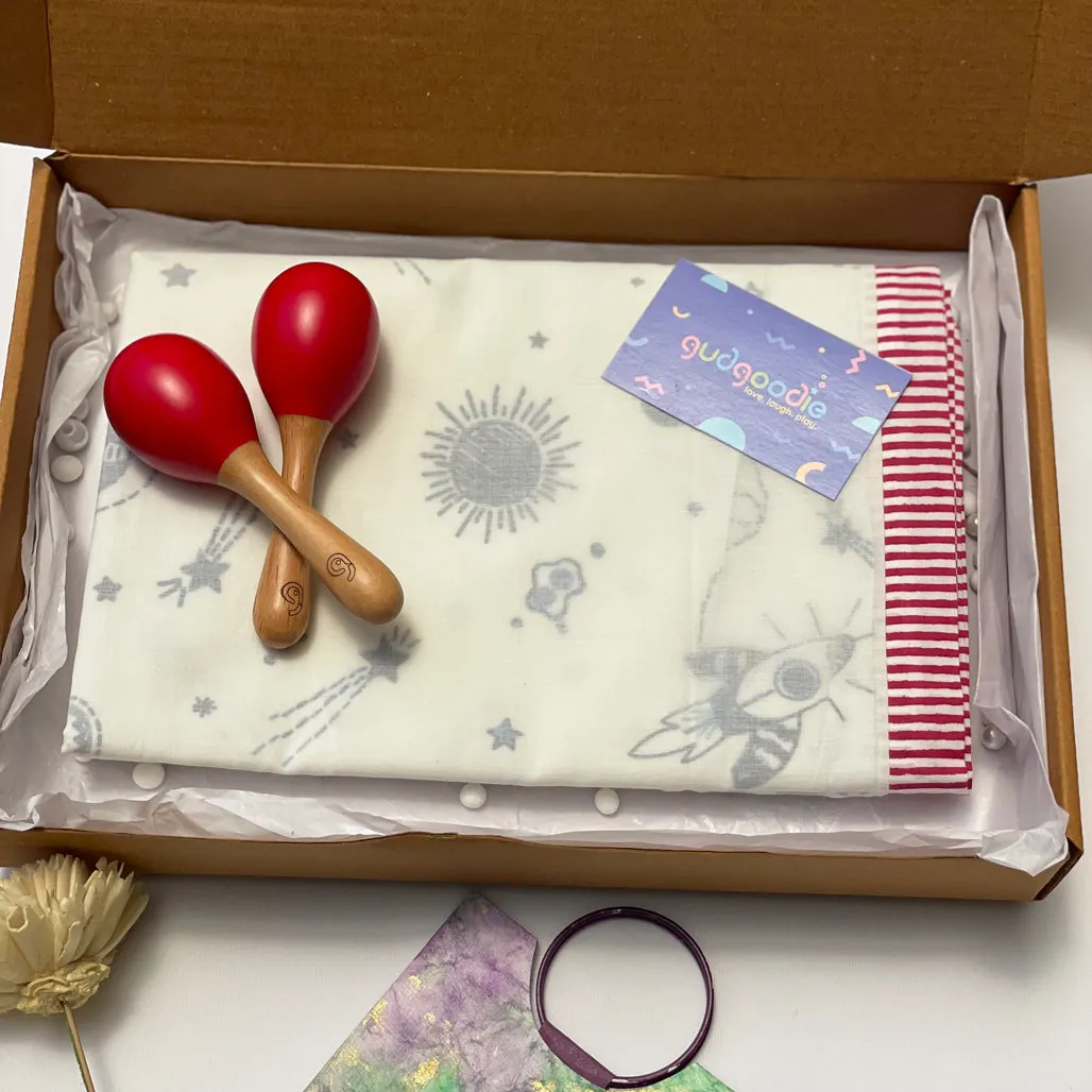 Baby Gift Set – Cotton Muslin Dohar   Maracas – Galactic Adventure