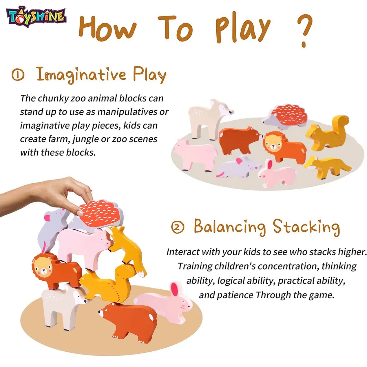 Toyshine Wooden Zoo Animal Blocks Stacking and Balancing Toy, Toddler Wood Animal Figures Blocks Imaginative Play, Preschool Educational Toys and Stack Balance Games for Kids - M2